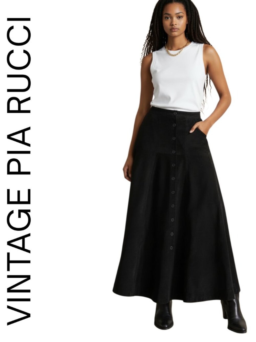 Vintage Pia Rucci Genuine Leather Suede Maxi Button Up Skirt SIZE 14 (A-Line)